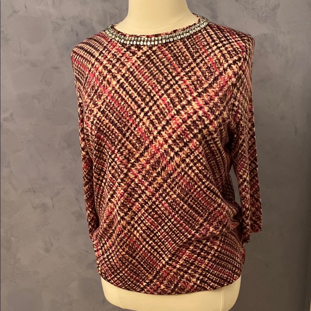Plaid Women's light weight sweater with Embellished Neckline
